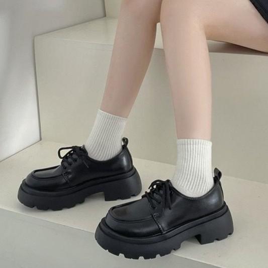 

Retro thick-soled spring and autumn lace-up small leather shoes for women s spring new skirt round head shoes 40 матовый черный