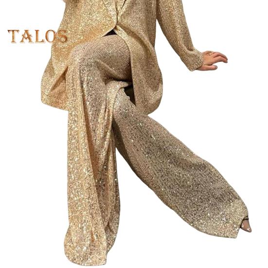 

Женская рубашка с пайетками, брюки, лацкан, V-образный вырез, мешковатое пальто с длинным рукавом и средней длиной, широкие брюки большого размера для вечеринок, клубных нарядов знаменитостей XL Trousers золотистый