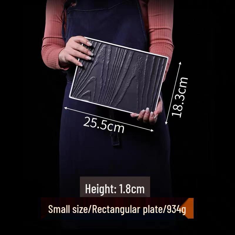 Matte Black Ceramic Wood Grain Plate for Steak, Barbecue, Snacks, and Desserts