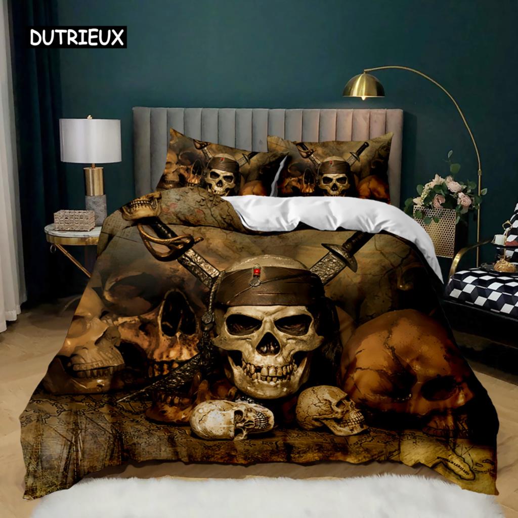 Skull Duvet Cover Set Horrible Skeleton Bedding Set Bedclothes Halloween Gothic Horror Polyester Quilt Cover Double Queen King