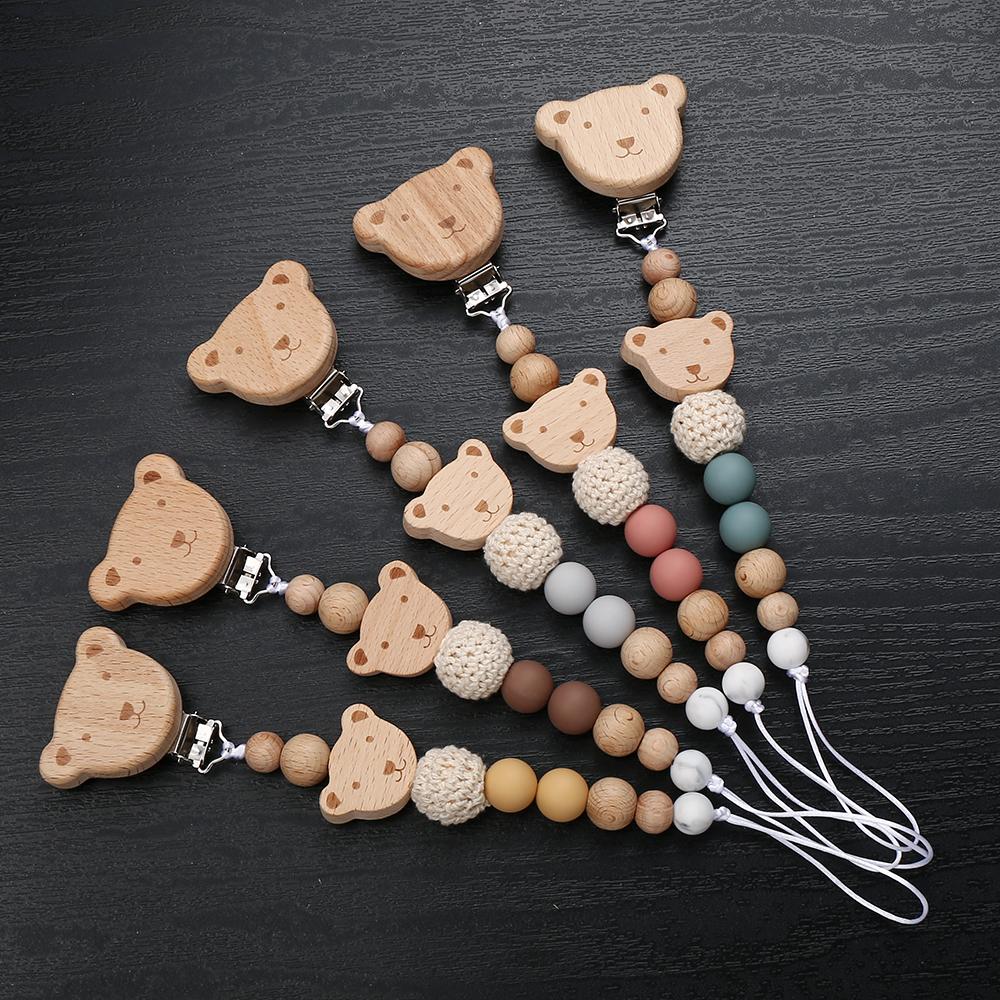 New Wood Chew Silicone Beads Pacifier Clips Dummy Chain Holder Newborn Soother Chains Nipple Holder Infant Teething Toys Gifts
