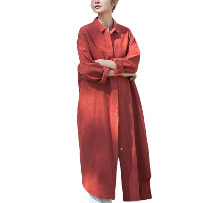 2026 Spring Women's Artistic Sand-Washed Cotton Linen Lapel Long Coat - Loose, Slimming Outerwear Cardigan