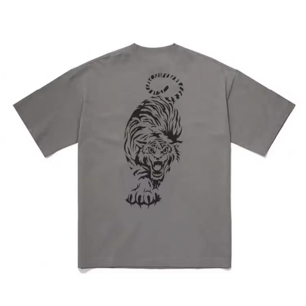 Summer Men's Short-sleeved T-shirt Muscle Breathable Loose Tiger Print Elastic Trendy Brand Running Sports Top Fitness Suit