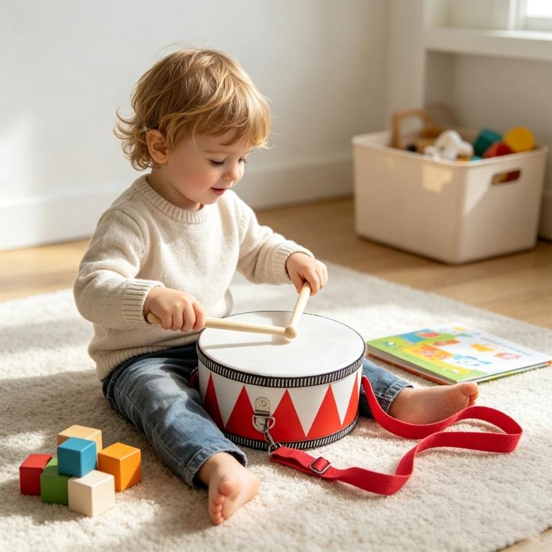 Children's Drum Toy with Wood Frame, Polyester Drumhead, Two Drumsticks, and Strap for Home Play and School Shows