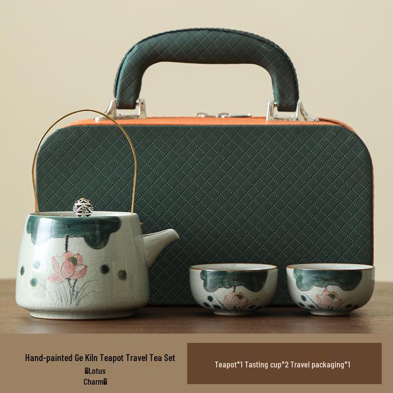 Hand-Painted Ge Kiln Ceramic Kung Fu Tea Set: Teapot & Two Cups Portable Set