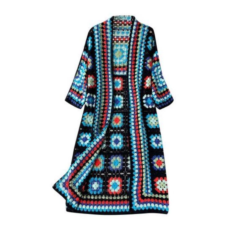 

Bohemia Style Knitted Shawl Sweater Hollow Lace Sleeves Crochet Embroidery Design Loose Fit Cardigan Coat синій