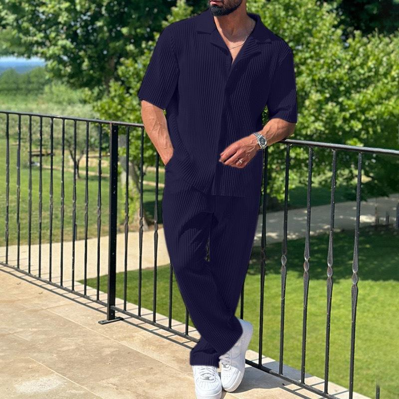 Herren Falten-Kurzarmhemd und Lange Hosen Set Lässig Revers Knopfleiste Zweiteiliges Outfit
