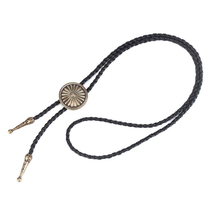Mens Bolo Tie Necktie Faux Leather Braided Rope Necklace with Metal Round Flower Pendant Jewelry Cowboy Hat Accessories