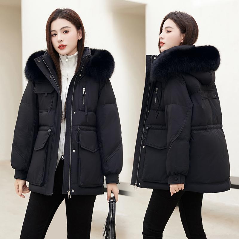 

Большой меховой воротник пуховик женский новый капюшон утолщенный средней длины белый утиный пух тонкое пальто зима 3XL