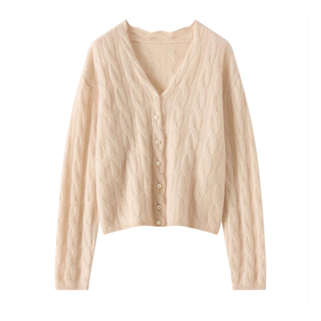 Women's Cashmere Cable Knit V-Neck Cardigan: Short, Single-Breasted, Trendy Autumn/Winter Sweater Coat