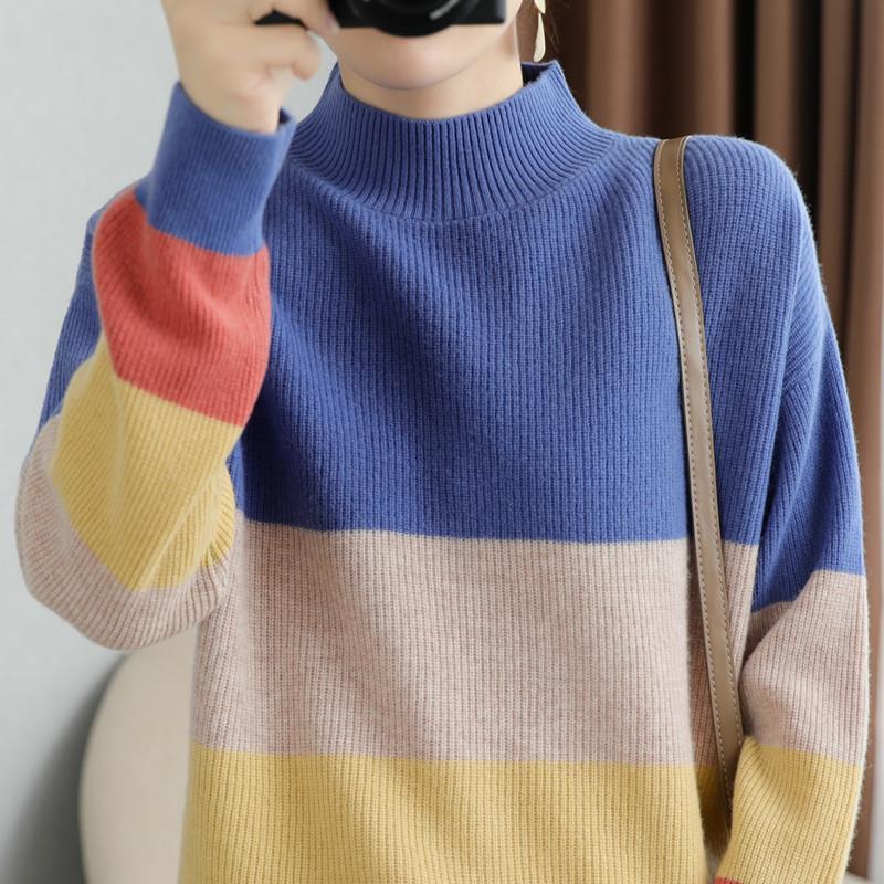 

2025 Spring Color Block Striped Knitwear – Loose, Slimming, Lazy Style Top 3XL синий