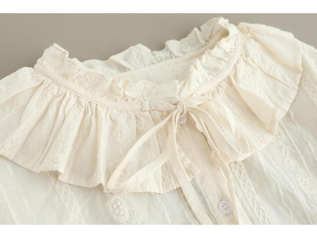 Women's Mori Girl Style Cotton Shirt with Ruffled Lace Collar, Tie-up Long Sleeves, and Heavy Embroidery