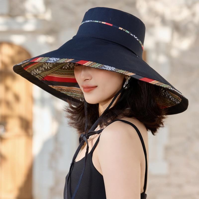 New Ethnic Style Foldable Double-sided Bucket Hat Super Large Edge Sun Hat Travel Vacation UV Protection Sun Hat