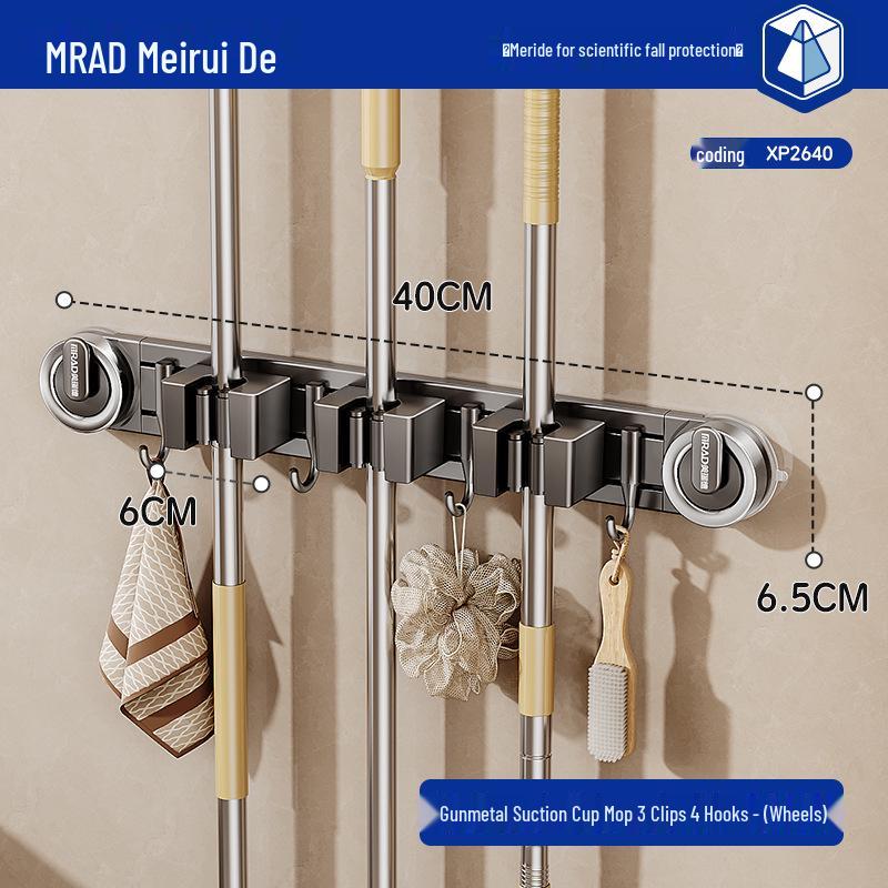 Movable Suction Cup Mop Clip Wall-Mount Storage Rack