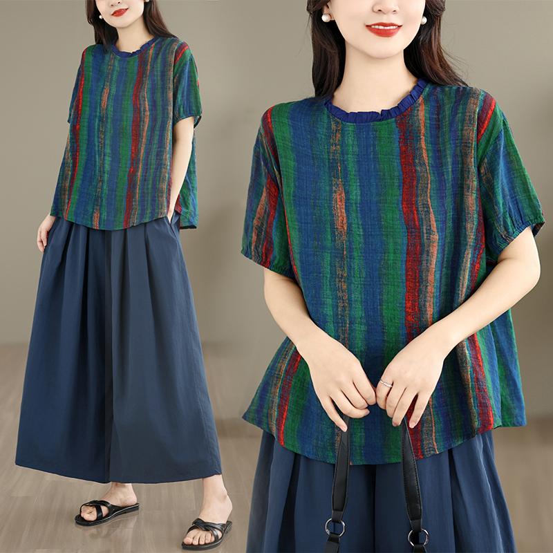DIMANAF Plus Size Summer Pants Suits Women Sets Suits Loose Tops Shirts Long Pants Cotton Vintage Casual Clothing