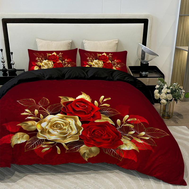 3pcs Golden Rose Duvet Cover SetSoft And Breathable Bedroom And Dormitory BeddingInclud (Duvet Cover*1+Pillowcase*2)