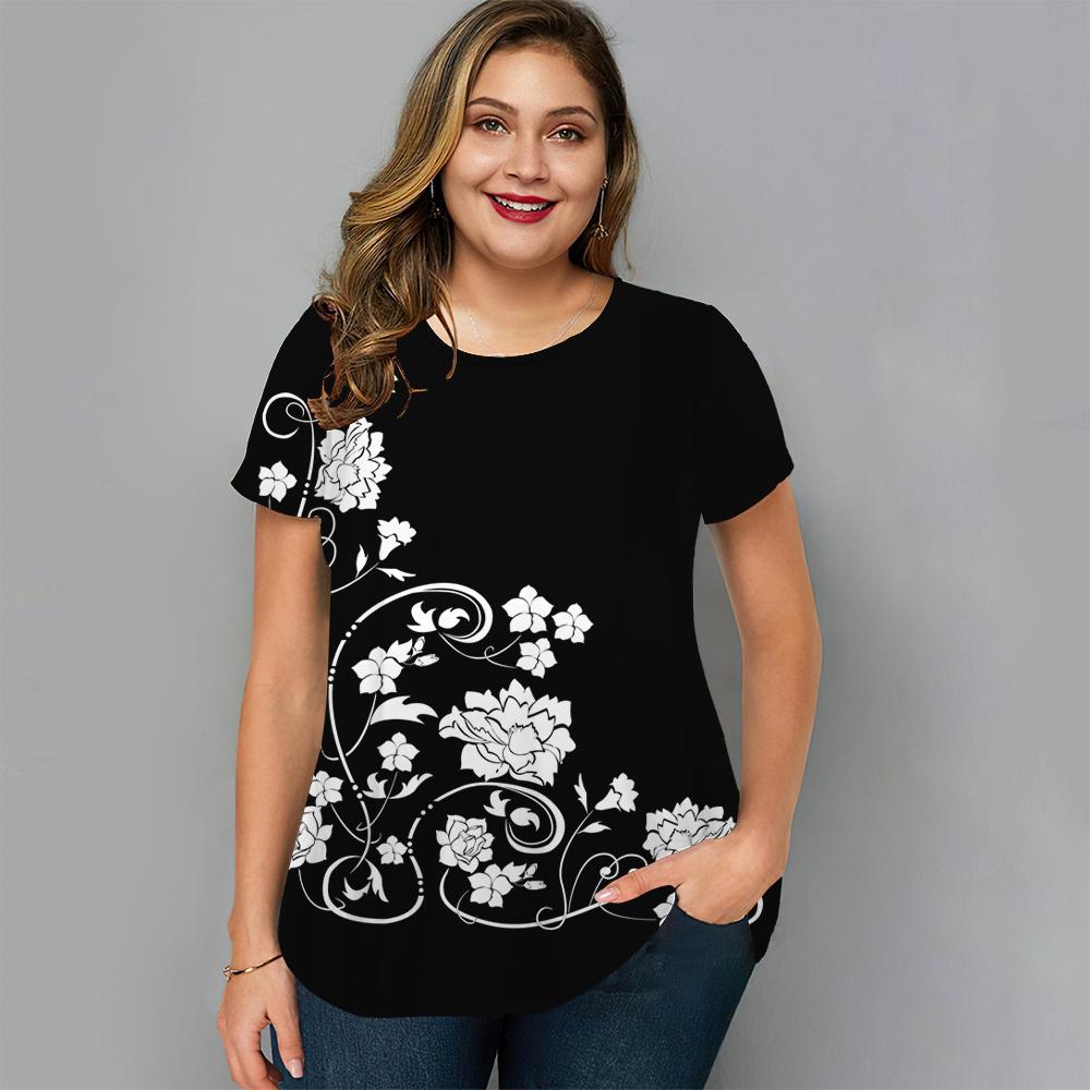 Summer Round Neck Floral Graphic 3D Print Top Fashionable Casual Short Sleeved Plus Size Women's T-shirts