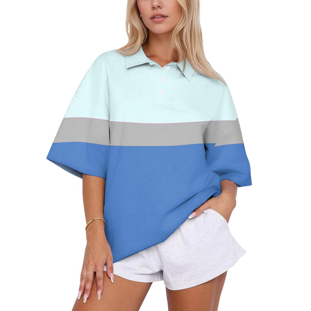 Top Casual da Donna con Colletto a Polo, Vestibilità Larga, Manica Corta, Pullover a Righe, Vestibilità Rilassata, Camicia Leggera per l'Uso Quotidiano