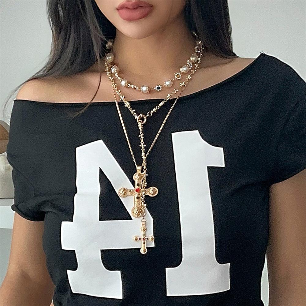 Zircon Cross Pendant Necklace for Women 2024 Fashion Imitation pearl Flower Beaded Choker Necklace Statement Y2K Jewelry Gifts