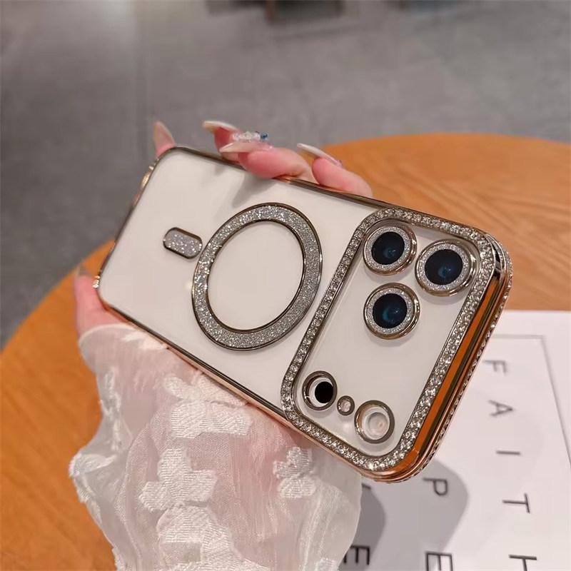 

Роскошный чехол для телефона с гальваническим покрытием, блестящими бриллиантами и прозрачной задней крышкой для iPhone 17 Air 17 Pro Max, с поддержкой магнитной беспроводной зарядки и защитой от падений iPhone 17 Pro Max золотой