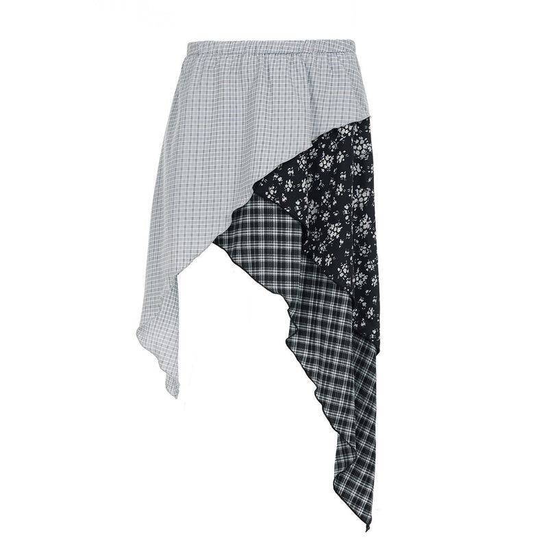 

Ins Spring and Summer New Women s Fashion Hot Girl Low-Waist Plaid Patchwork Floral Asymmetrical Hem Skirt Blue S