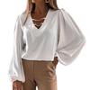 Women Blouse Hollow Out Chain V Neck Polyester Long Sleeve Solid Color Blouse Top Shirt  2XL Women's Clothing