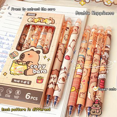 6ks roztomilá gelová pera Capybara Sada pera Kawaii Rychleschnoucí modrá smazatelná pera Kancelářské školní potřeby Kawaii Estetické psací potřeby