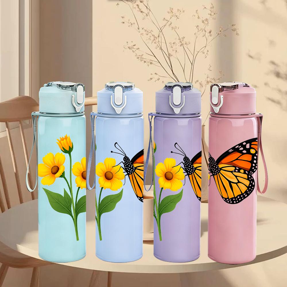 1PC Monarch Daisy Butterfly 750ml Color Plastic Sports Water Bottle Leakproof Flip Straw Lid Suitable for Sports Office Home Use