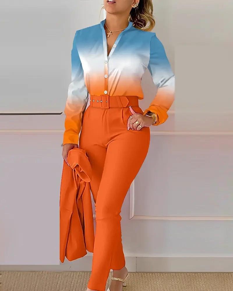 Printed Long-Sleeve Top & Solid Color Pants Suit with Belt