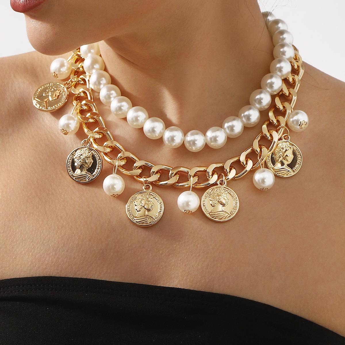 

Tooxika Vintage Portrait Coin Queen Cameo Pendant Tassel Double Layer Pearls Collarbone Chain
