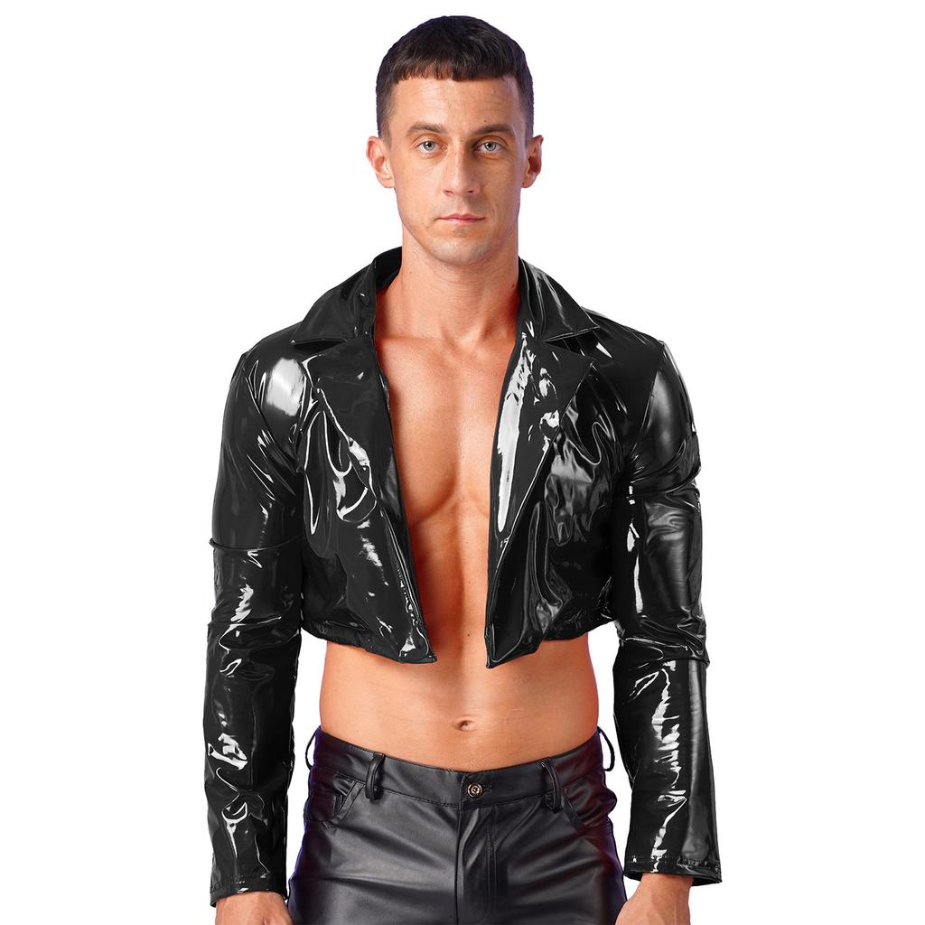 Mens Cropped Motorcycle Jacket Patent Leather Wet Look Long Sleeve Club Party Coat Streetwear