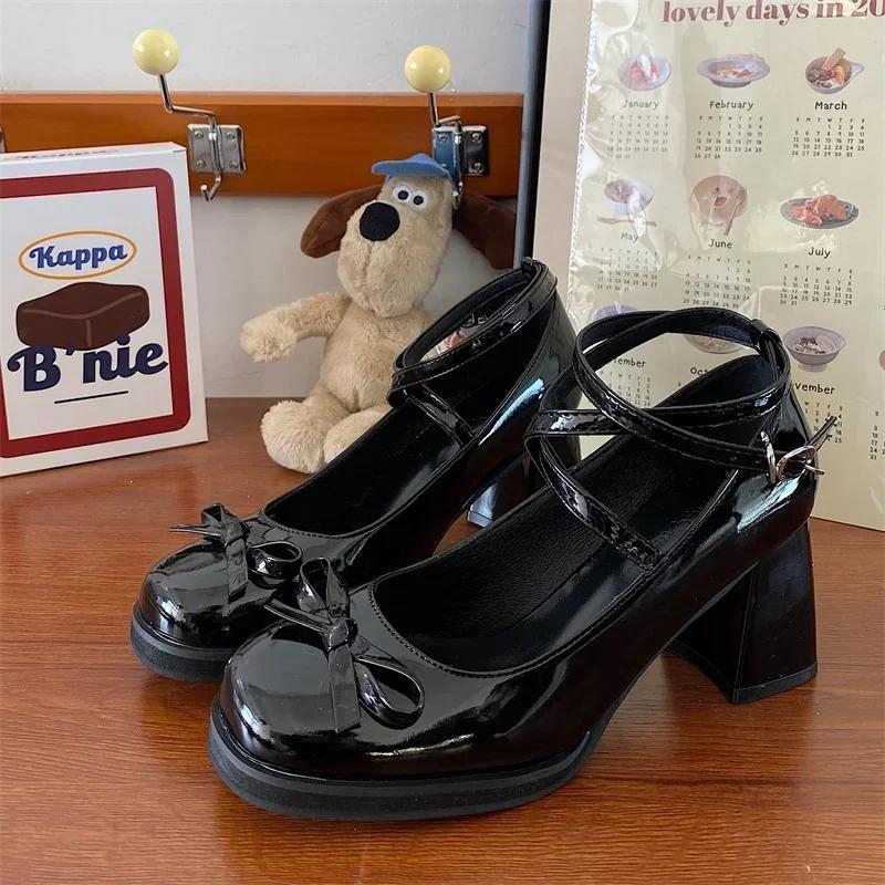 

Comemore 2026 Women Pumps New Fashion Bowknot Thick High Heels Female Lolita Square Toe Party Leather Shoes for Woman Sandals 40 чорний