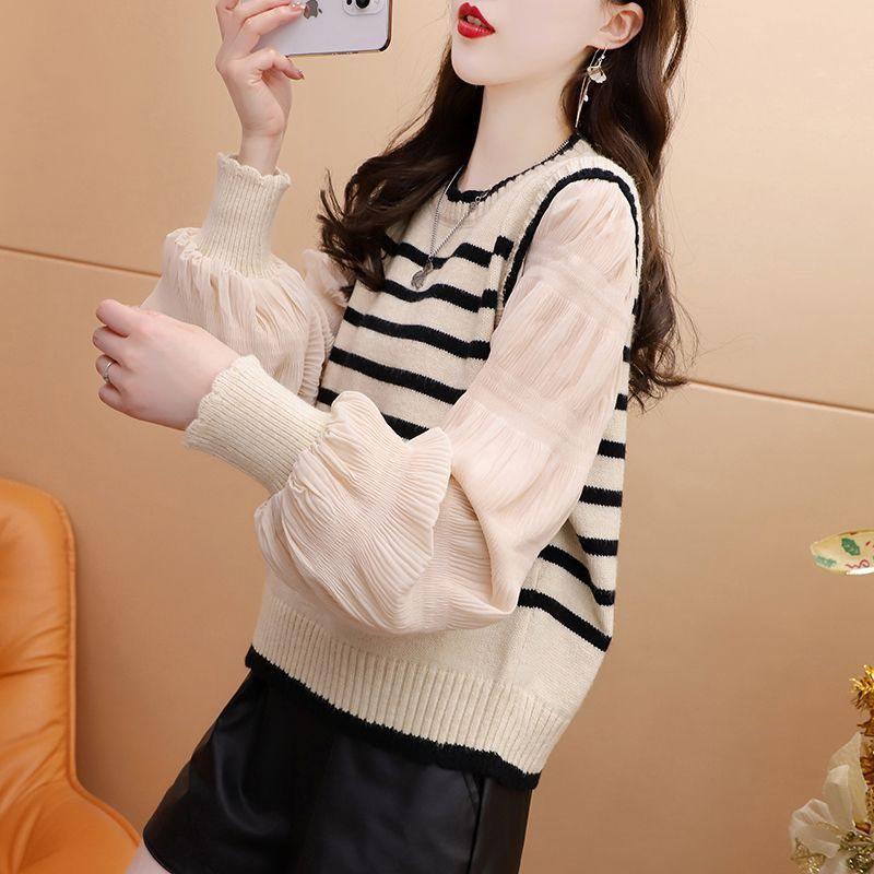 Women's Spliced Striped Knit Sweater with Chiffon Sleeves - Stylish, Loose Fit for Spring and Autumn