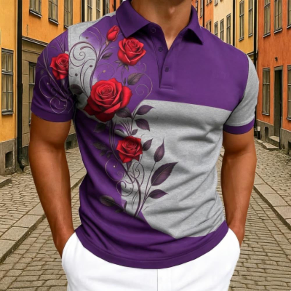Elegant Rose Floral Print Polo Shirt Men's Outdoor Street Short Sleeve Tees Top Summer Home Casual T-shirt Men's and Women's Polo Shirt
