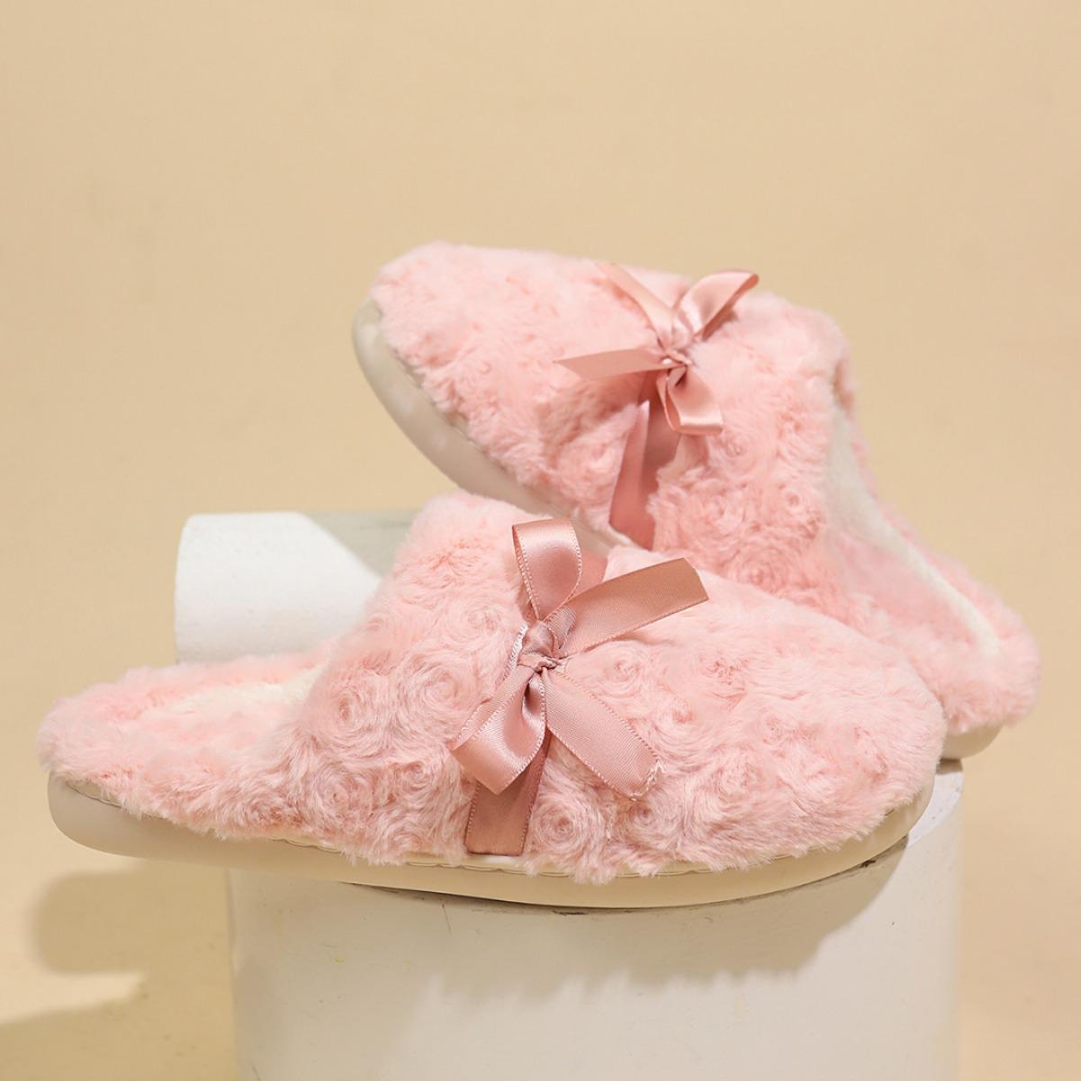 

Rose fleece bow fluffy slippers versatile home warm cotton mop winter thickened cotton slippers 36-37 розовый