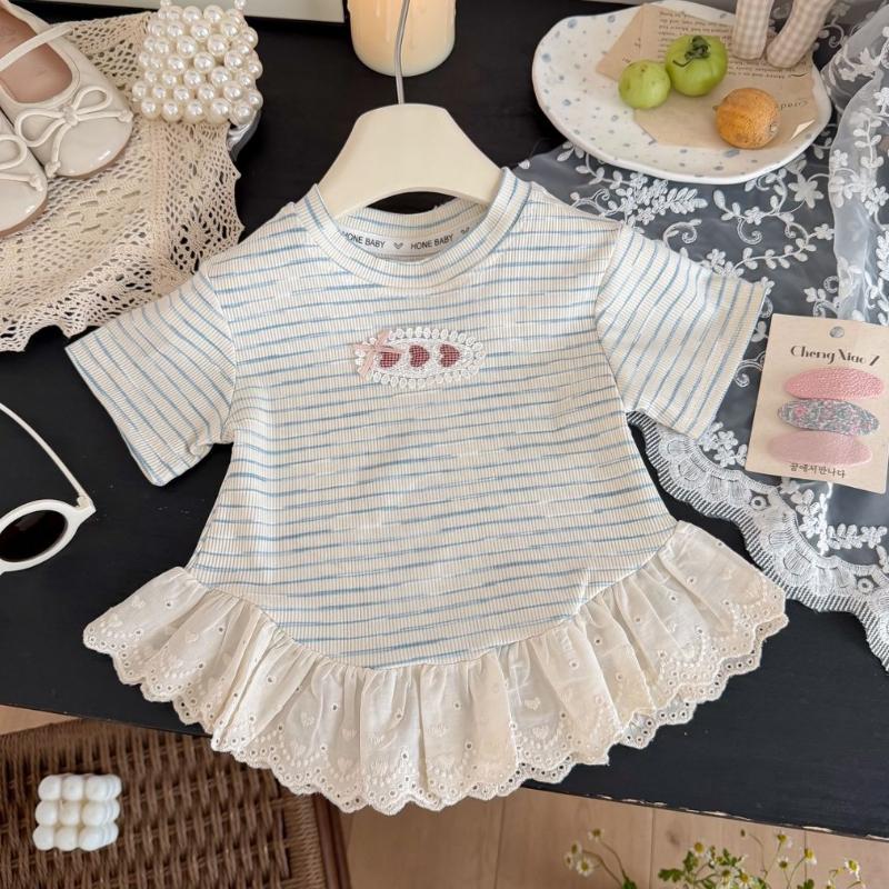 Summer Kids Girls Tees Cotton Lace T-shirt Loose Casual Sweet Short Sleeves Tops Infant Baby Girl Round Collar Tees Children Clothes