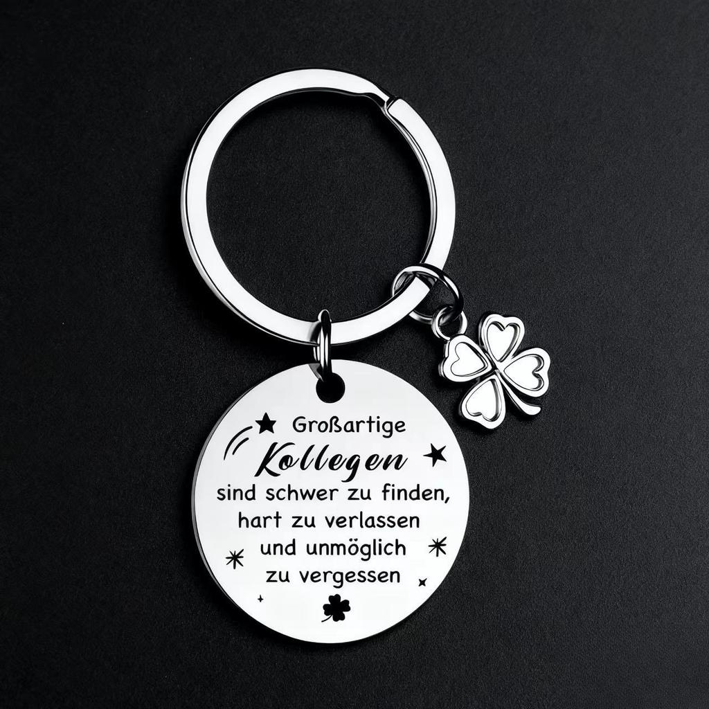German Stainless Steel Keychain Inspirational Blessing for Colleagues Friends Four Leaf Clover Pendant Gift Keychain for Backpack Bag Pendant