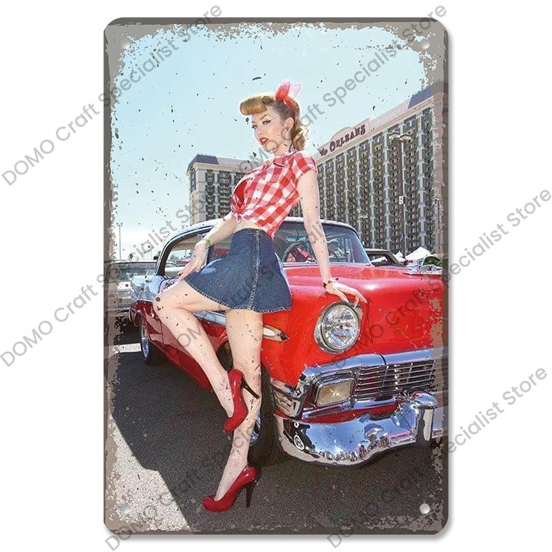 Poster Auto d'Epoca Lattine Metalliche Ragazze Sexy Auto d'Epoca Targhe Metalliche Retrò Decorazione Murale Garage Club Pub Man Cave