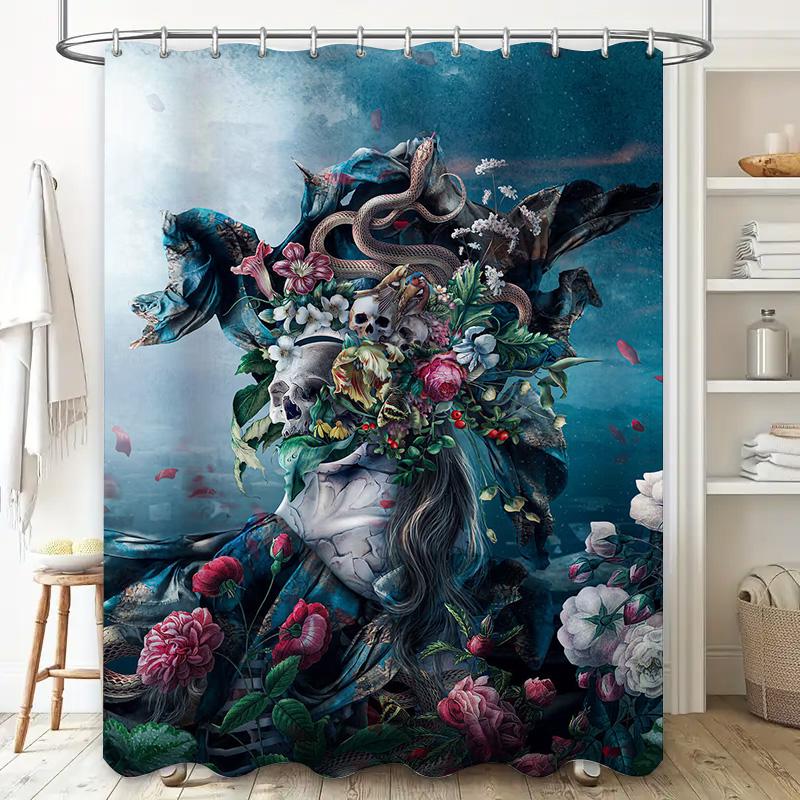 Dark Fantasy Shower Curtain Gothic Flowers Skulls Snake Print For Bathroom Decorations In Blue Red White Colorway Size 180X240Cm
