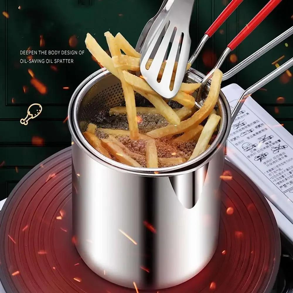 Stainless Steel Deep Fryer with Basket Home Commercial Tempura Chicken Frying Anti Slip Base Cool Handle