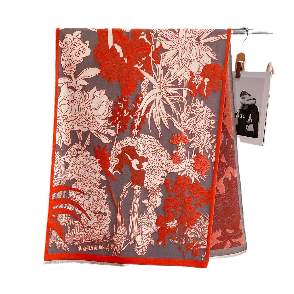 Korean Version Of Winter Imitation Cashmere Thickened Scarf High-End Simple And Elegant Flower Scarf Women'S Fashion Warm Versatile Shawl