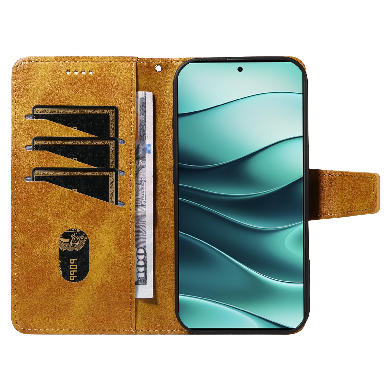 

For Xiaomi Poco M7 Pro 5G/Xiaomi Redmi Note 14 5G Leather Case Wallet Stand Grids Imprinted Phone Cover with Strap Yellow