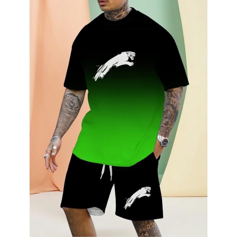Men s casual two-piece set with digital print, including crew neck short-sleeved T-shirt S