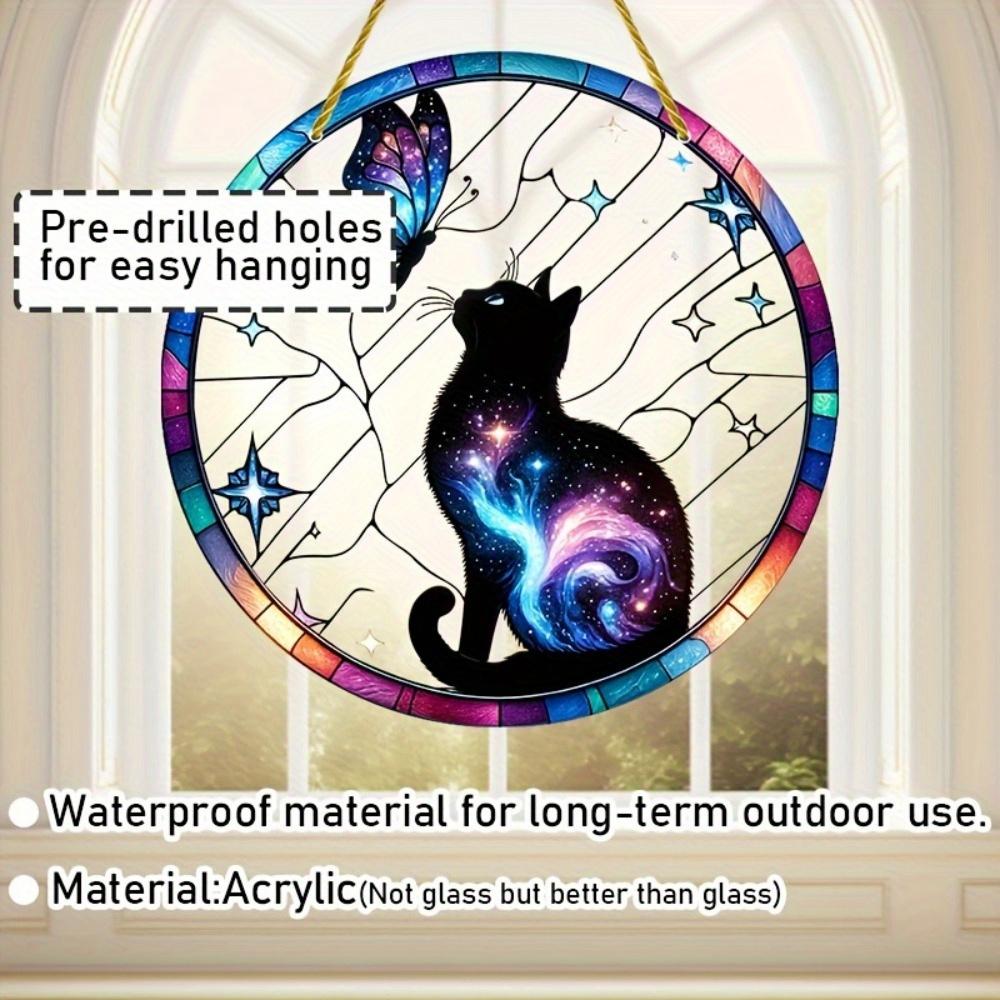 Galaxy Cat & Butterfly Sun Catcher. Painted glass decor for garden, office, room. Ideal gift.