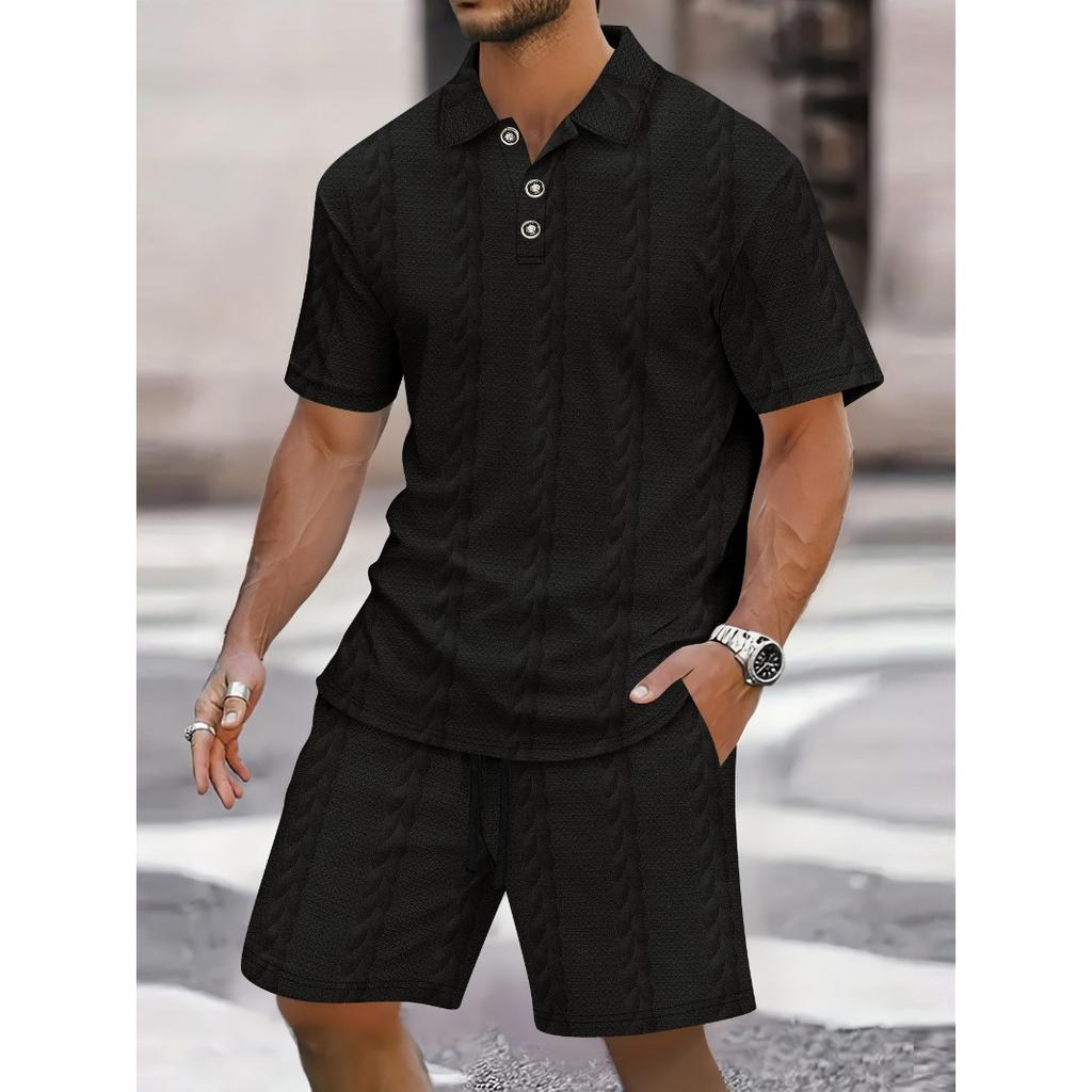 Summer Men's New Jacquard Button Solid Color Lapel Short-sleeved T-shirt Shorts Casual Suit