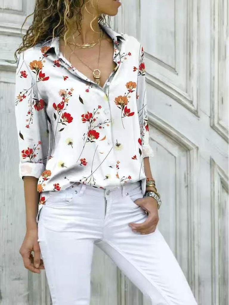 Elegant French Retro Print Long Sleeve Lapel Shirt for Spring/Summer