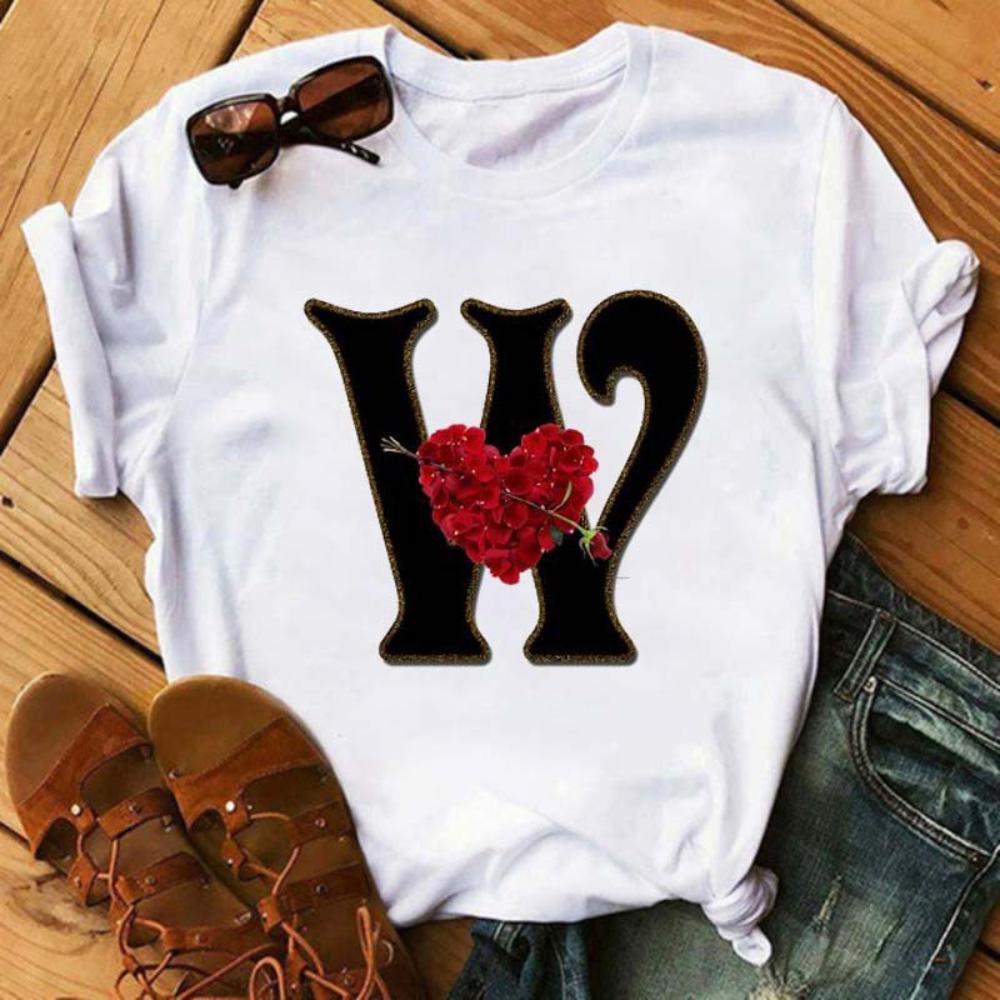 Rose ABC Alphabet Graphic Print White Tee Women Casual Loose Oversize Shirt Top Daily Wear Durable Plus Size Short Sleeve