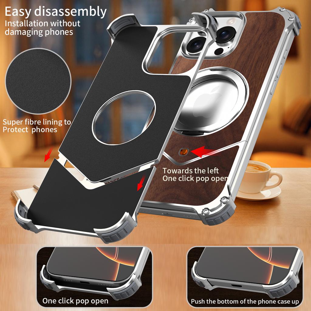 For iPhone 16 Pro Max Magnetic Case Wood + Metal Boardless Phone Back Cover with Ring Kickstand
