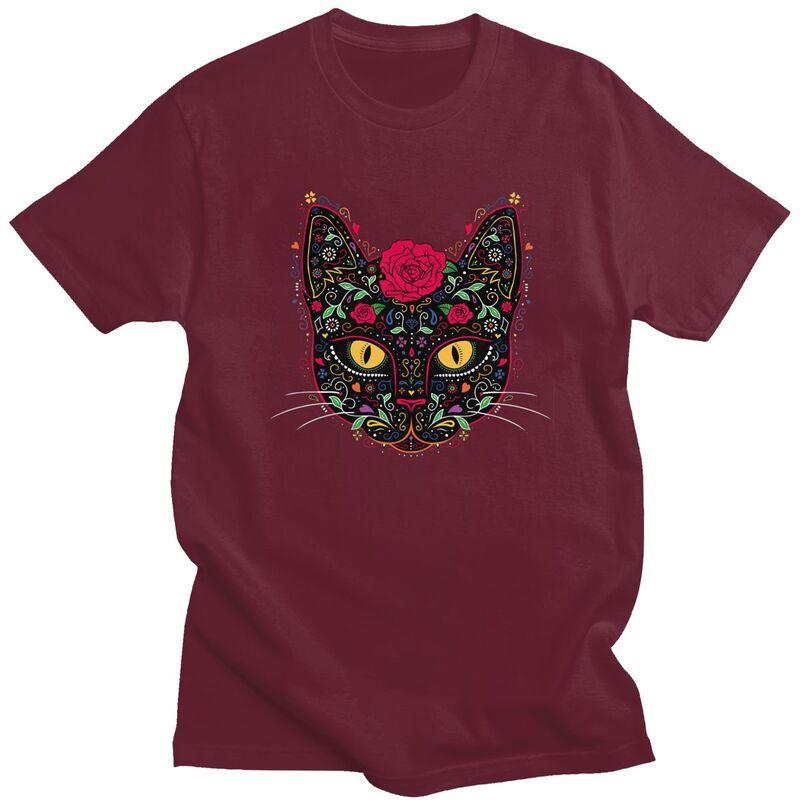 Custom Cool Day Of The Dead Kitten Cat Sugar Skull T Shirt Men Short Sleeve Pure Cotton Tshirt Tees Streetwear Tshirt