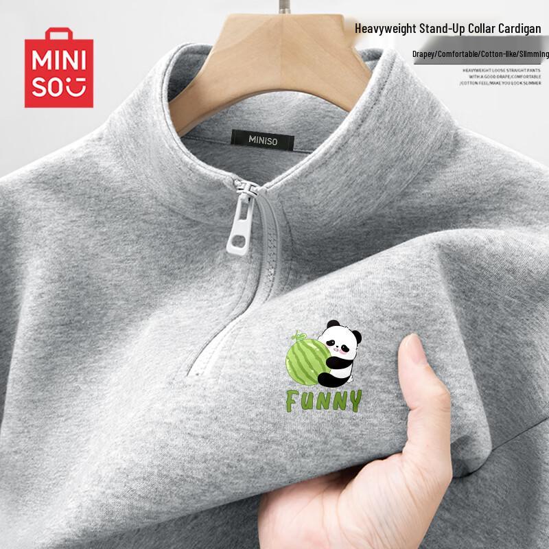 MINISO Men's Half-Zip Stand Collar Panda Graphic Sweatshirt